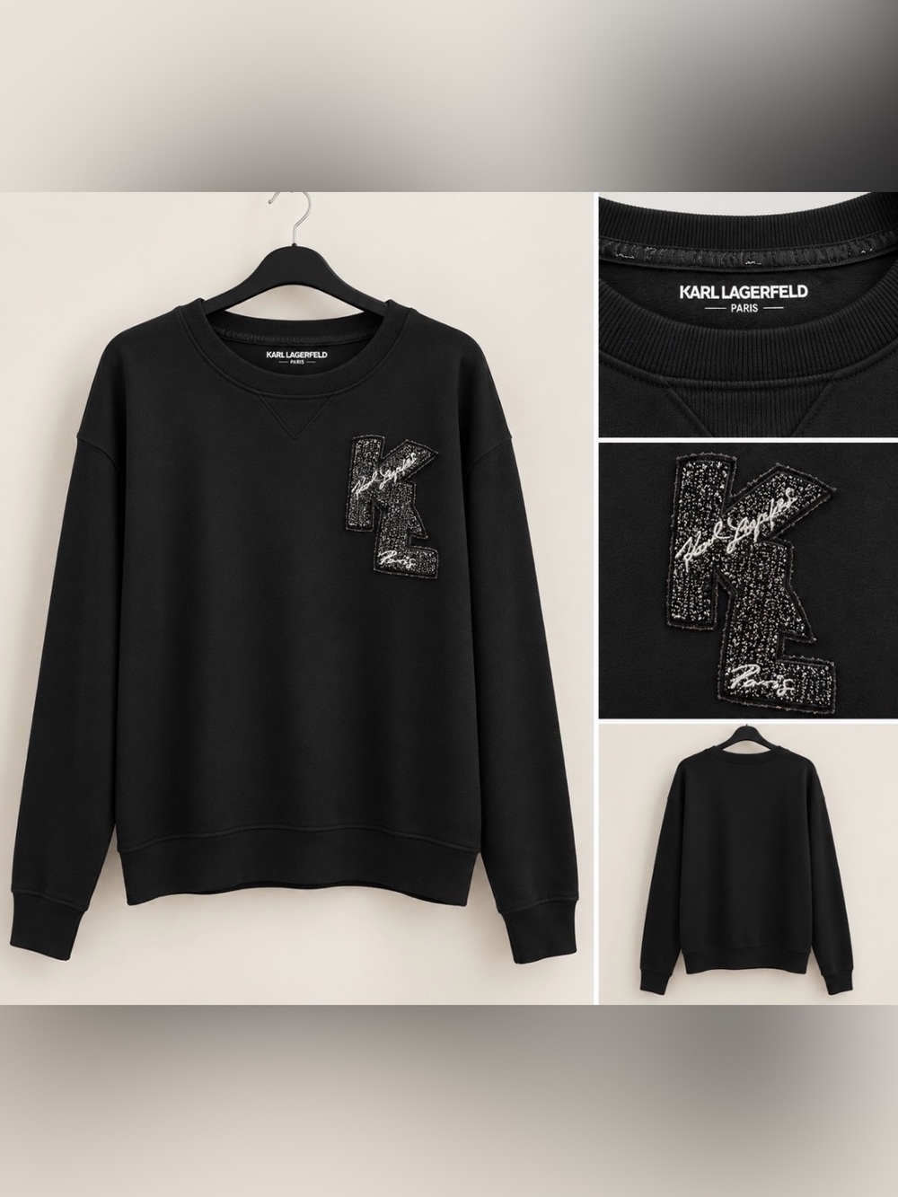 Karl Lagerfeld Paris Black Sweatshirt with Letterman Style KL Patch
